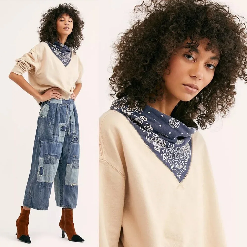 Free People James Bandana Sweatshirt Cream Blue Size Large New With Tags L NWT - Picture 2 of 7